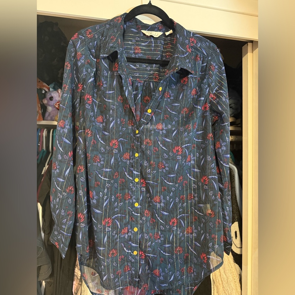 Floral Button-Up Shirt with Gold Accents